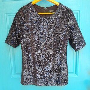 Sequin Top Short Sleeves Round Crew Neck Zipper Back with Lining Matte Sequence